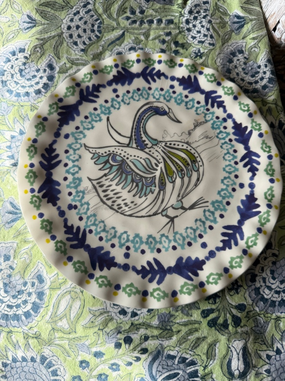 Anthropologie Tula Swan Salad Plate in Blue, Green & Yellow